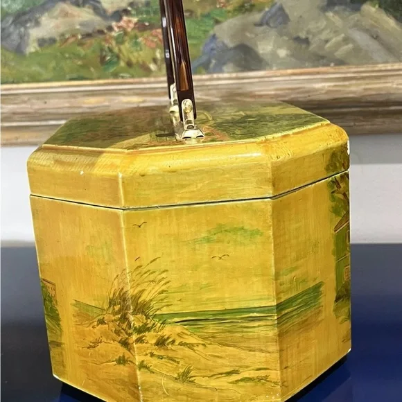 Floral Building Scenic Wood Box Purse Bag Pink Orange Green Vintage 60s 70s - Picture 6 of 8